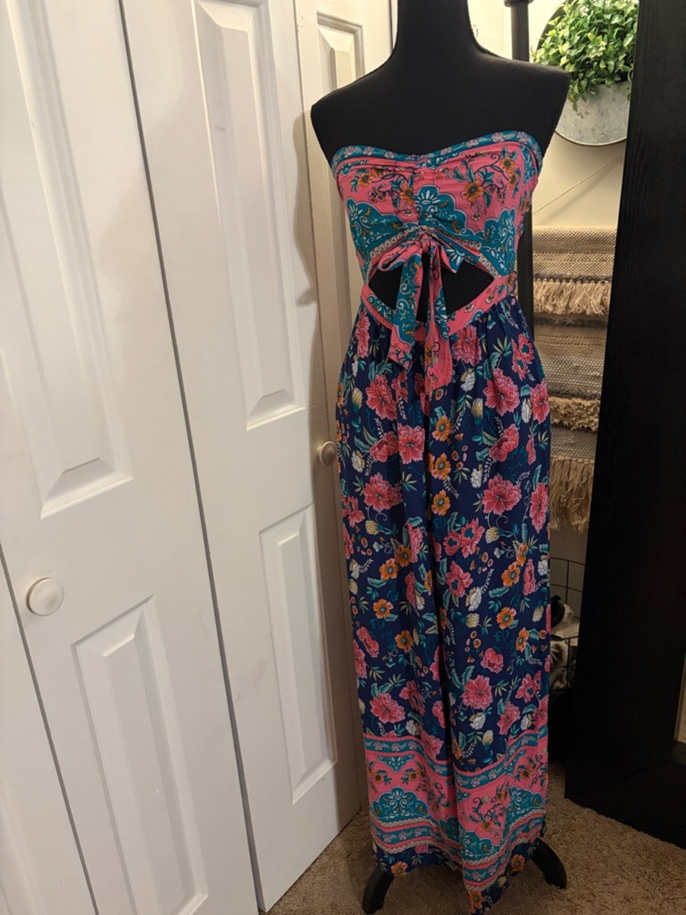 Strapless Floral Cutout Jumpsuit - Navy & Pink